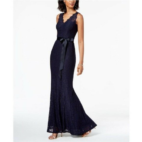 Adrianna Papell Lace V-Neck Sash Gown - Picture 1 of 2